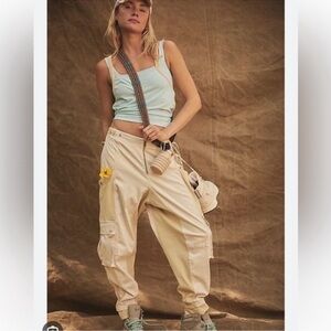 New Free People Fast Track Cargo Utility Pants Baggy Slouch FP Movement Cream